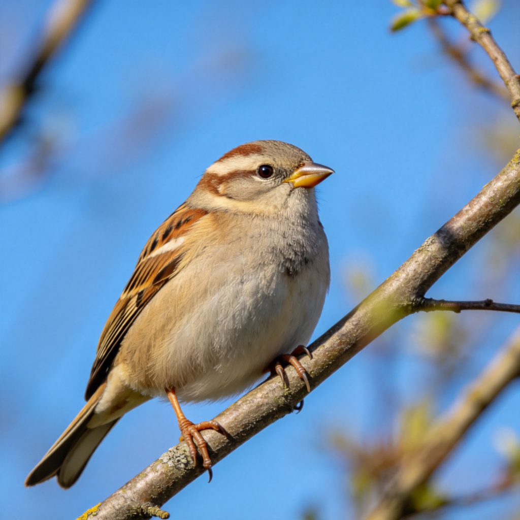 A close-up photo of a common wild bird, like a robin or sparrow, perched on a tree branch against a clear blue sky. The bird's feathers, beak, and eyes are clearly visible and in sharp focus. The background is softly blurred to highlight the bird. No text.