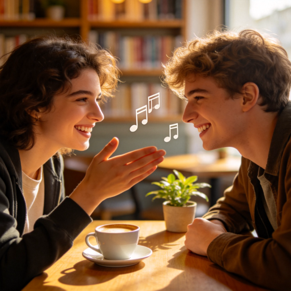 A friendly, relaxed scene of two young people chatting and laughing at a cozy cafe table. One person gestures toward the other with a smile, as if saying 'you're a great guy/bird'. Warm, natural lighting, focus on their expressions and friendly interaction. No text.