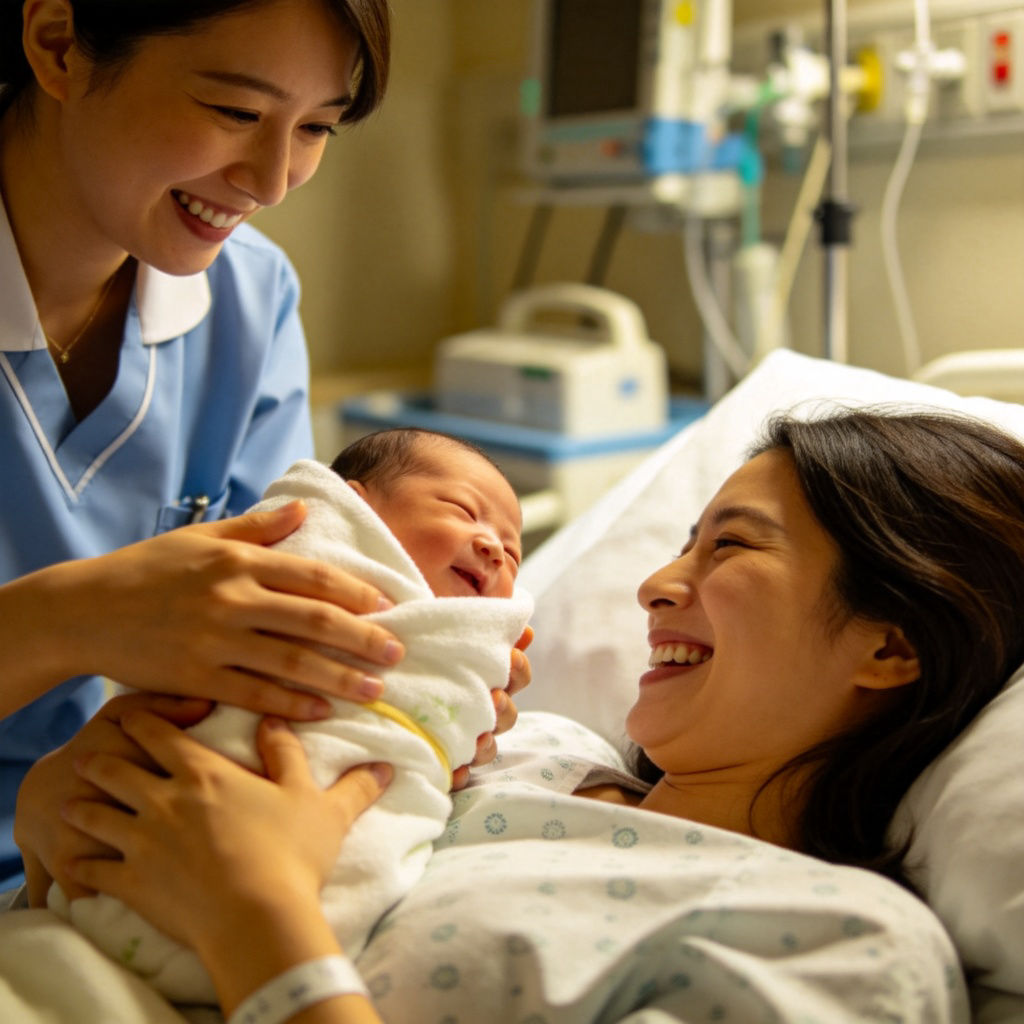 A close-up, gentle scene in a hospital room. A smiling nurse is carefully placing a wrapped newborn baby into the arms of a beaming, tired mother lying in bed. Soft, warm lighting, focus on the baby's face and the mother's joyful expression. No text.