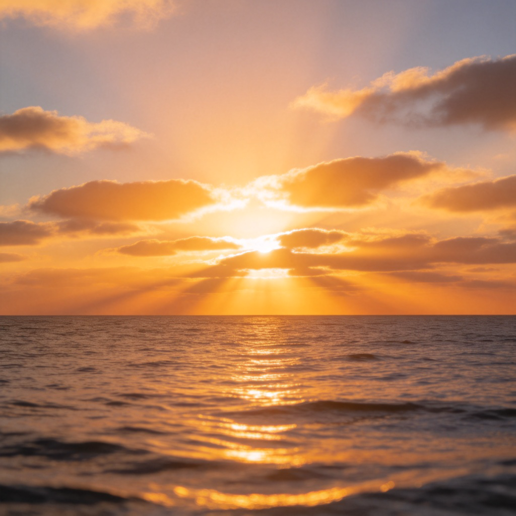 A symbolic scene of a brilliant sunrise over a calm ocean horizon. The first rays of sunlight break through the clouds, illuminating the water and symbolizing a new beginning. The scene is serene, hopeful, and full of potential, with no specific people or text.