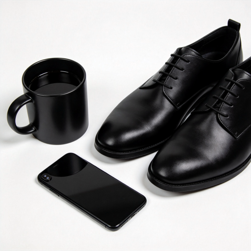 A collection of common black objects on a white background: a black coffee mug, a pair of black leather shoes, and a black smartphone. The lighting is even and clear, highlighting the deep, non-reflective quality of the color black. No text, simple composition.