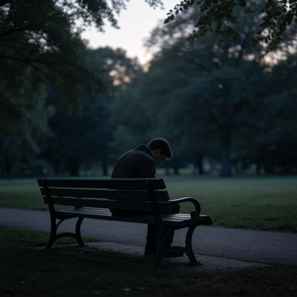 A person sitting alone on a bench in a park at dusk, shoulders slumped, head bowed, looking at the ground. The overall色调 is desaturated and dark, conveying a sense of sadness and isolation. No visible face details to keep it universal. No text.