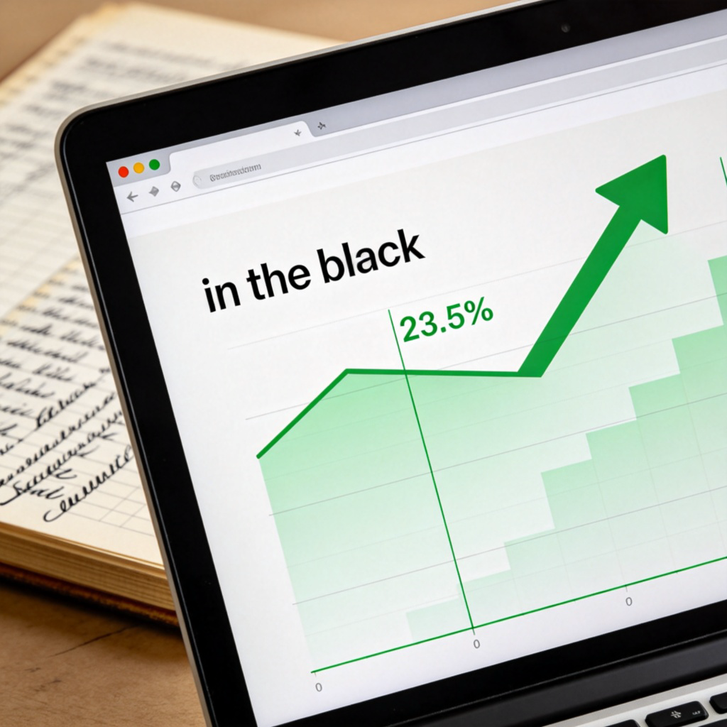 A close-up of a modern financial report or graph on a computer screen, showing a green upward arrow and positive numbers next to the label "in the black". A part of an old-fashioned ledger with black ink writing is subtly blended in the background. Clean, professional look. No text or recognizable logos on the screen.