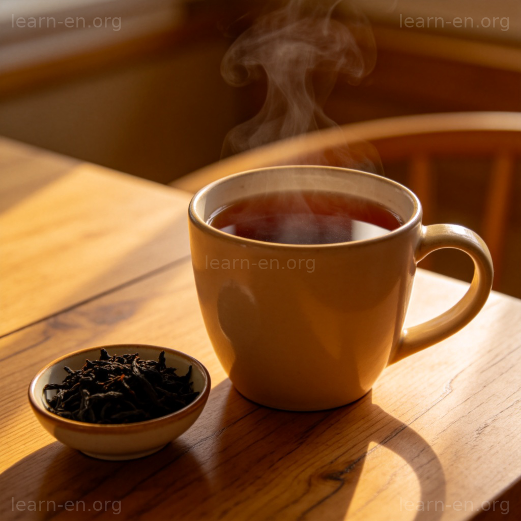 Black tea in a ceramic mug with dried leaves on a wooden table