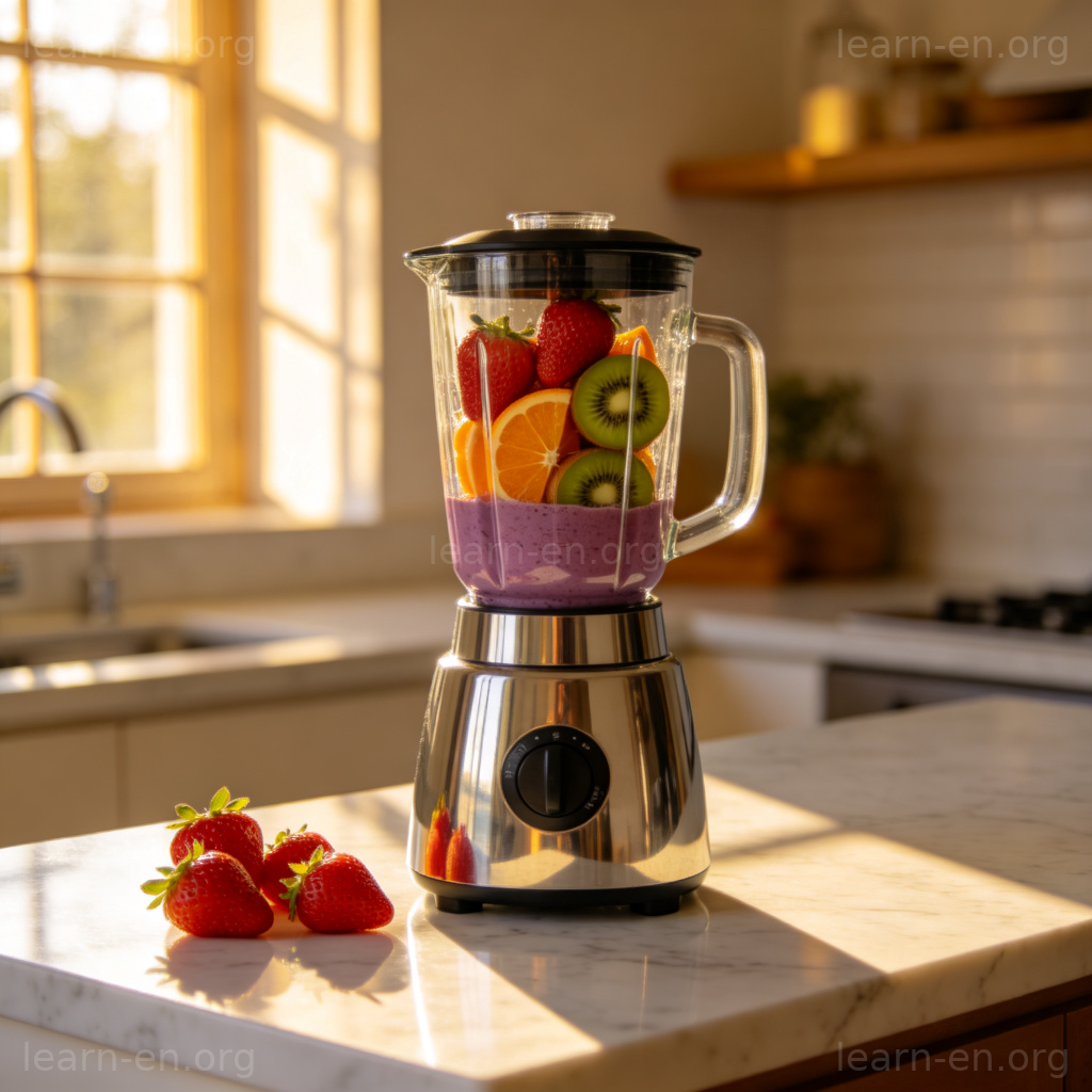 Blender mixing fruits into a smoothie on kitchen counter
