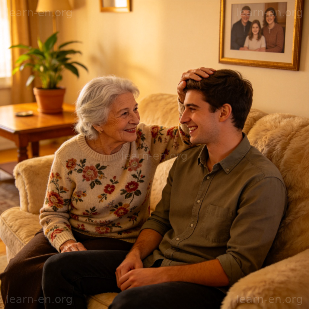 bless 祝福含义图解：长辈慈爱地为晚辈送上祝福的场景