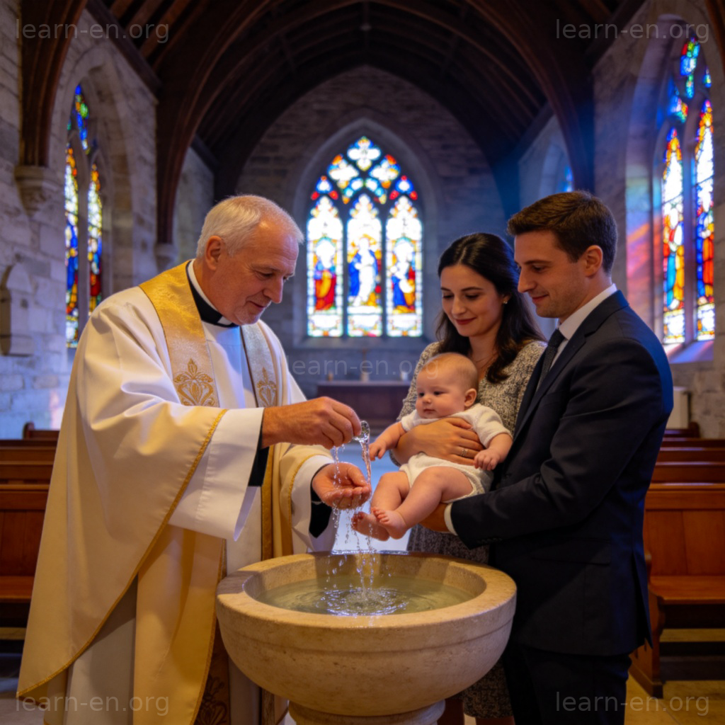 bless 祝圣含义图解：教堂内神父为婴儿进行洗礼的庄严仪式