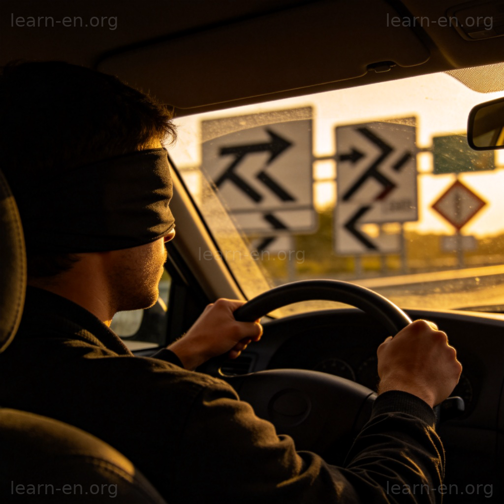 blind 盲目含义图解：蒙眼司机在十字路口驾驶