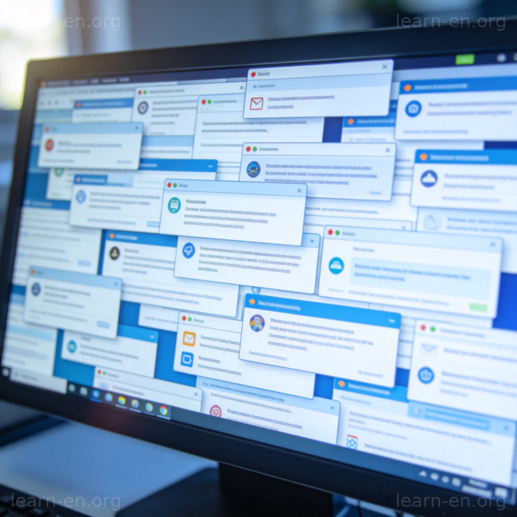 Blizzard 蜂拥而至场景图解：被大量通知和邮件淹没的电脑屏幕