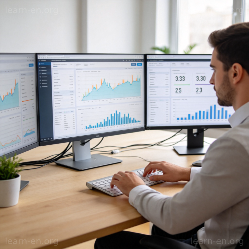 职业Blogger工作场景：整洁办公桌与多屏幕数据分析