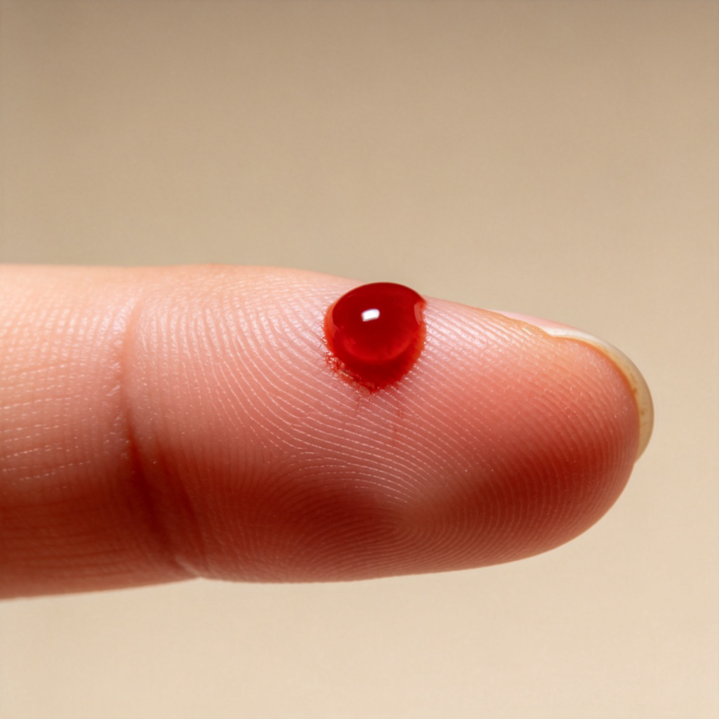 A close-up side view of a person's finger with a small, clean cut. A single, vivid red drop of blood is welling up at the cut. The background is a neutral skin tone, focus is sharp on the droplet. Realistic style, clear lighting.