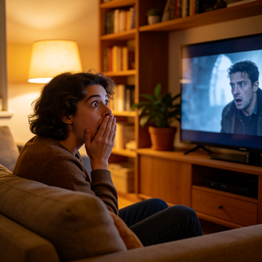 A person sitting in a cozy living room, watching a thrilling movie on a large TV screen. Their eyes are wide, and one hand is over their mouth in a shocked or surprised expression, as if they just saw something unbelievable. Warm indoor lighting, comfortable sofa. No text on screen.