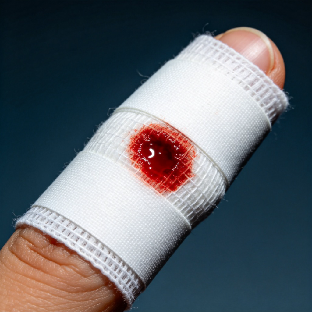 A close-up, detailed view of a clean white bandage wrapped around a person's finger. A bright red spot of fresh blood is visibly seeping through the center of the bandage. Plain background, clinical lighting to highlight the contrast between white and red. No text.