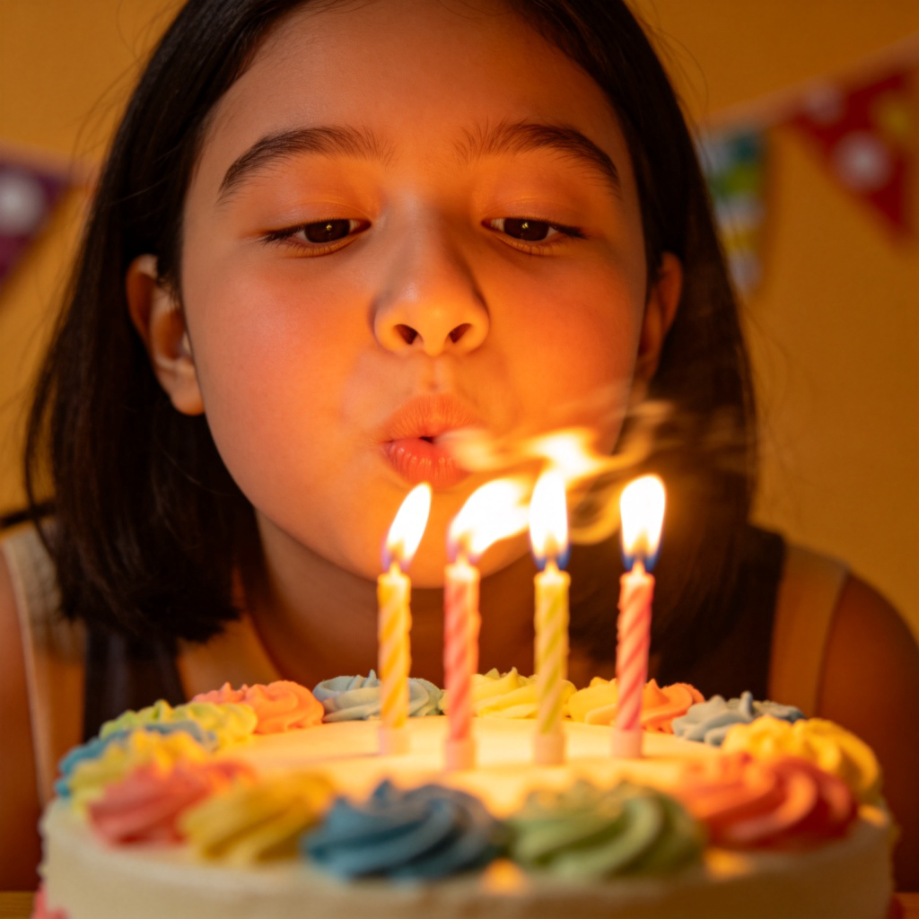 A young person is blowing out the candles on a birthday cake. The focus is on their rounded cheeks and the motion of air making the candle flames flicker. The cake is decorated with colorful frosting, and the background is a simple, warm-toned party setting. No text.