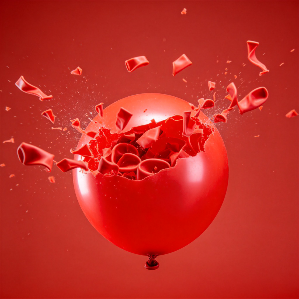 A bright red balloon is shown at the moment of bursting. Scraps of rubber are flying outward in a still motion. The background is a clean, solid color to highlight the dramatic action. No text.