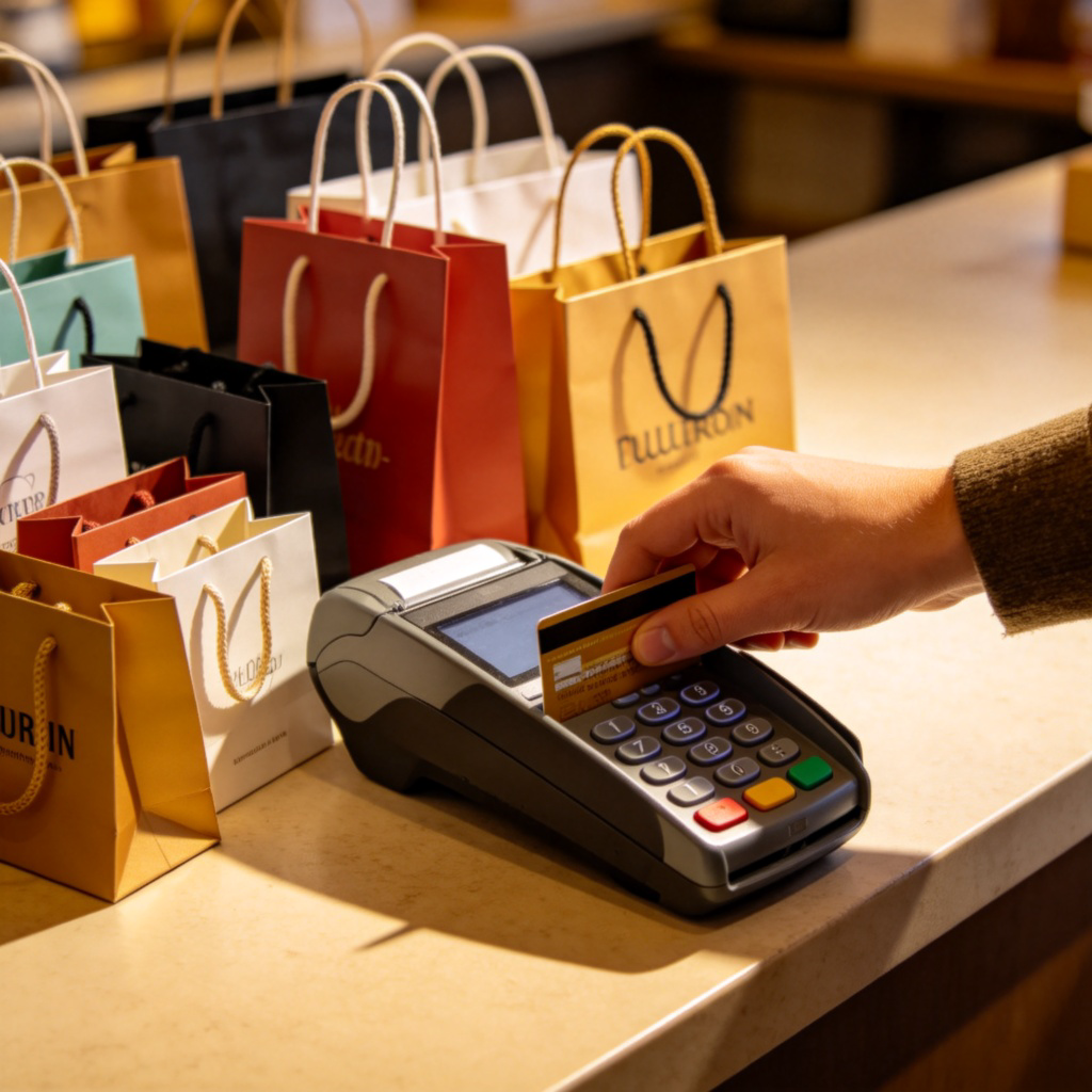 A person's hand is shown swiping a credit card at a store terminal. Shopping bags from various stores are visible on the counter next to the terminal. The scene suggests a large, quick purchase. No text or recognizable brand logos.