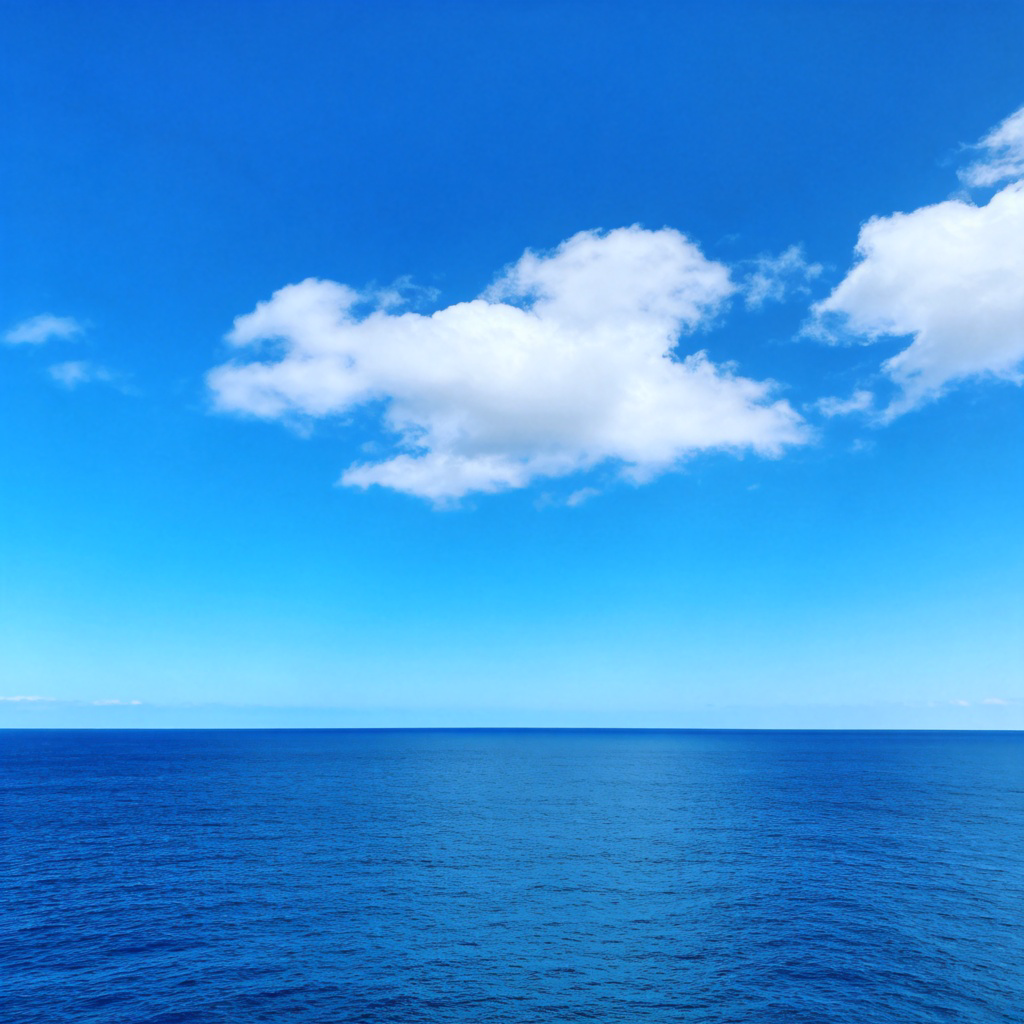 A bright, clear blue sky on a sunny day, with a few white, fluffy clouds. Below, a view of the deep blue ocean. The horizon line is straight, separating the sky and sea. Realistic photography, vivid colors. No boats, no text.