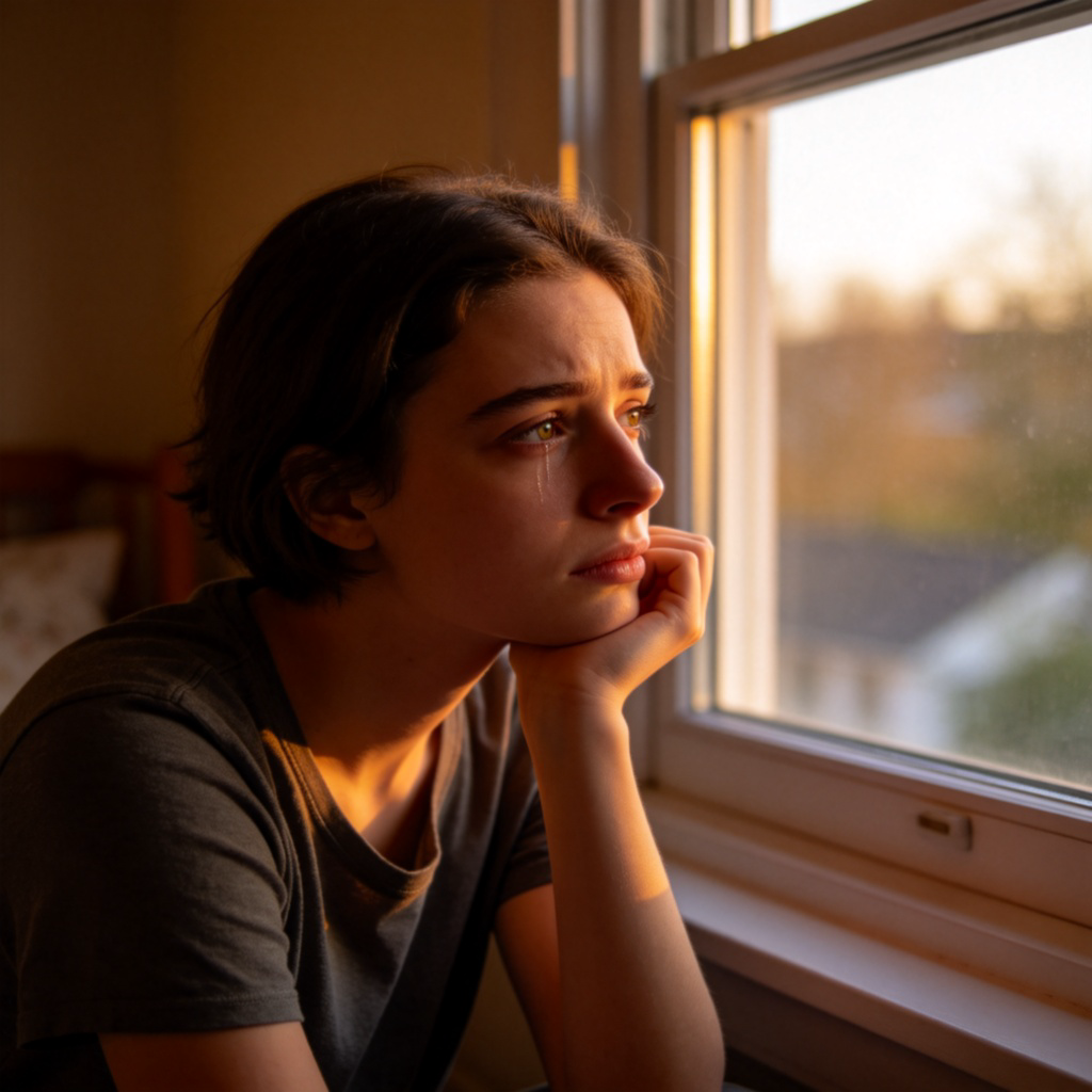 A person sitting by a window, chin resting on hand, looking out thoughtfully with a slightly sad expression. The room lighting is soft, perhaps in the late afternoon. Focus on the person's contemplative mood. Realistic style, warm tones. No text.