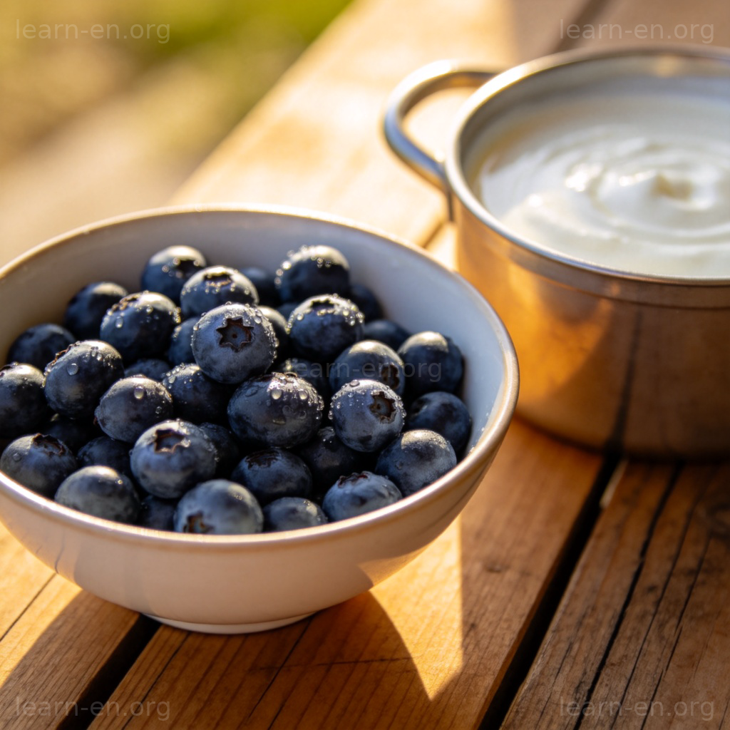Blueberry 图解：一碗新鲜带露水的蓝莓与酸奶搭配场景