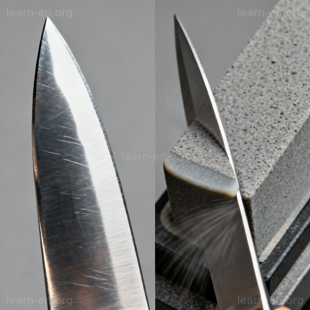 Blunting process shown by sharp vs worn knife edge on a grinding stone.