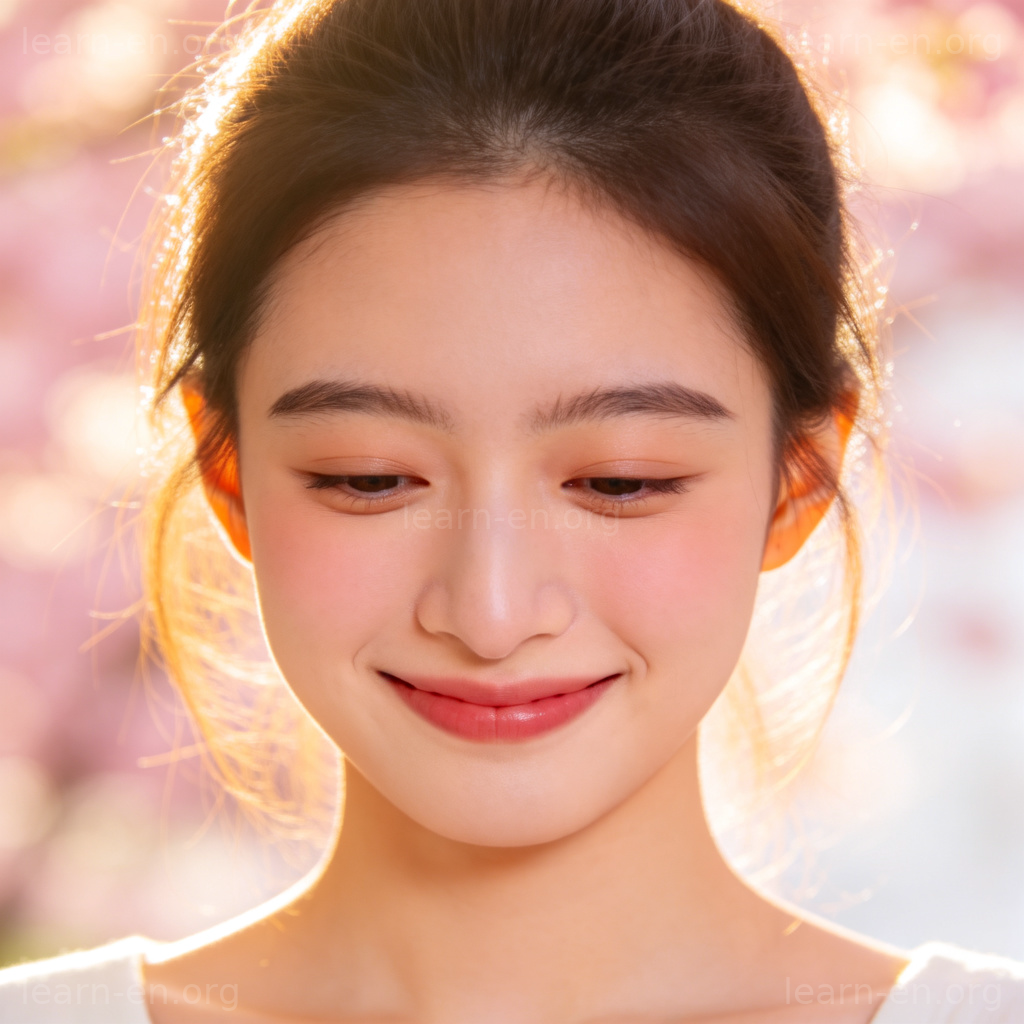 Woman with pink cheeks blushing shyly under warm light