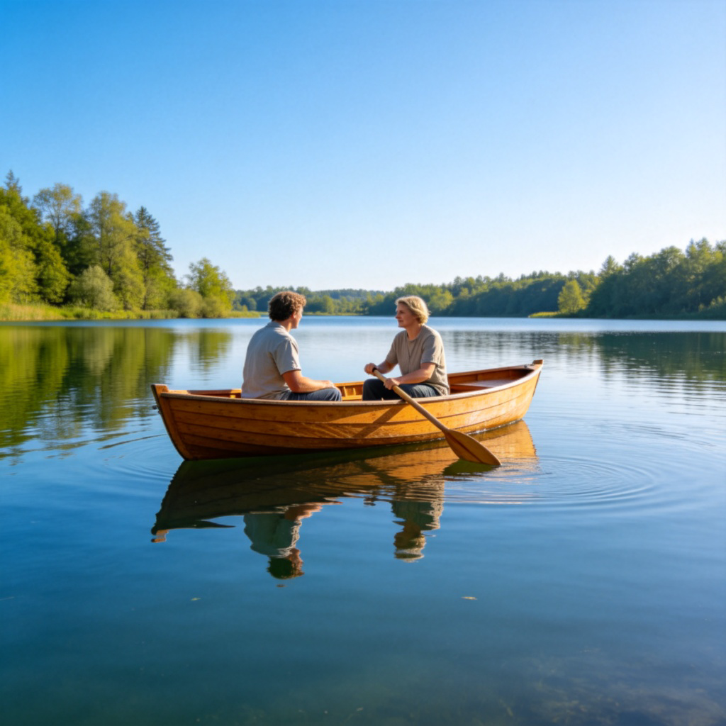 A small wooden boat with two people sitting in it, floating on a calm lake. One person is holding an oar. The boat is in the center of the image, with green trees and a blue sky in the background. Bright, natural sunlight. Photorealistic style. No text or logos.