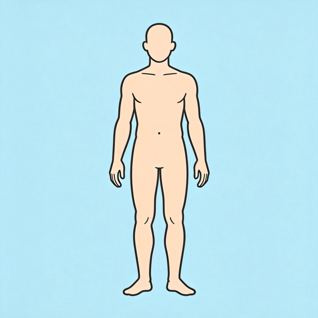 A stylized, neutral-toned illustration of a healthy human body in a simple standing pose, front view. The outline is clear against a plain light blue background, showing the head, torso, arms, and legs. The style is clean and educational, like a diagram, focusing on the whole form. No text or facial details.