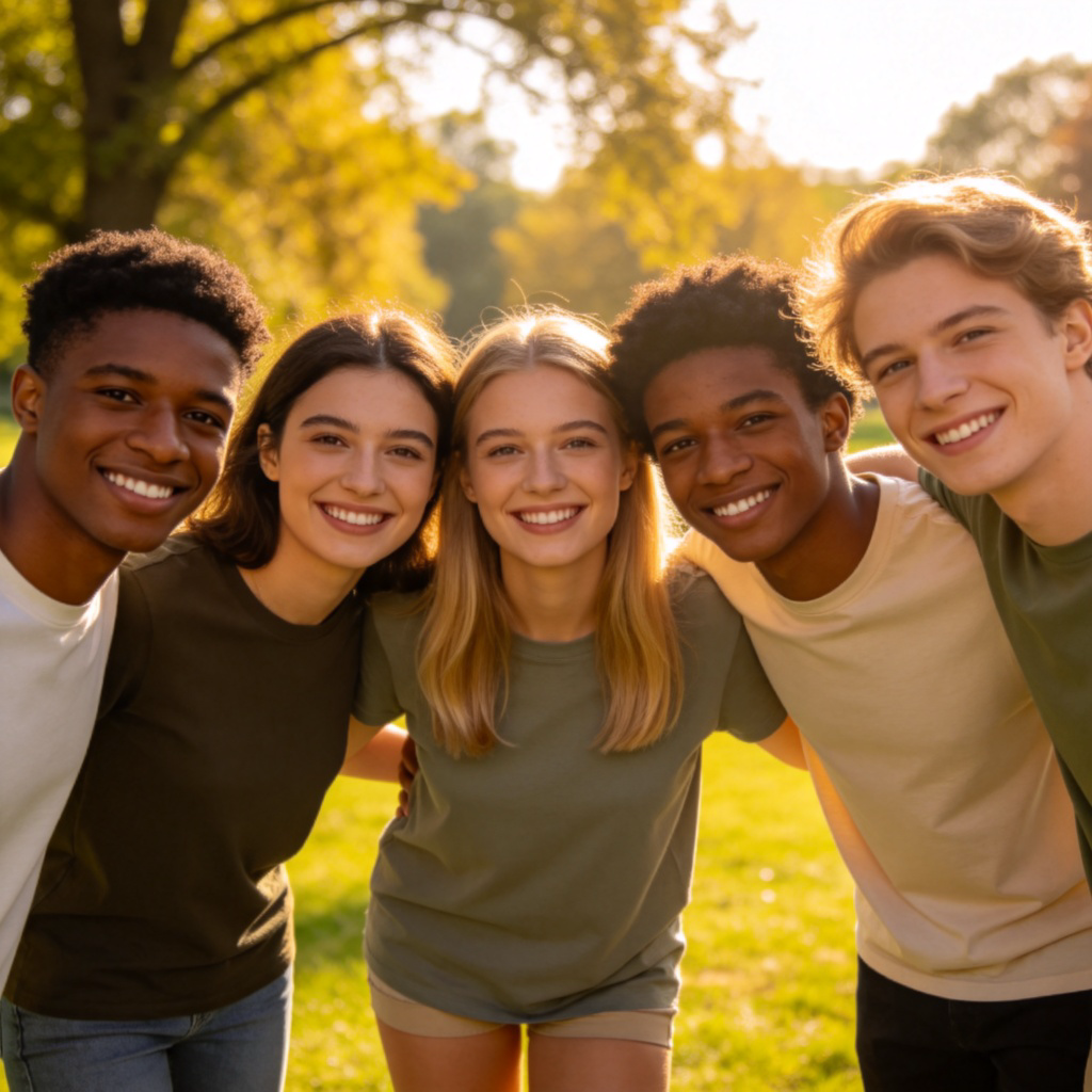 A diverse group of five young adults, smiling and standing closely together in a casual circle, wearing matching t-shirts for a team or club. They are in a park on a sunny day. The focus is on their unity as a group, not on any single individual. No text.