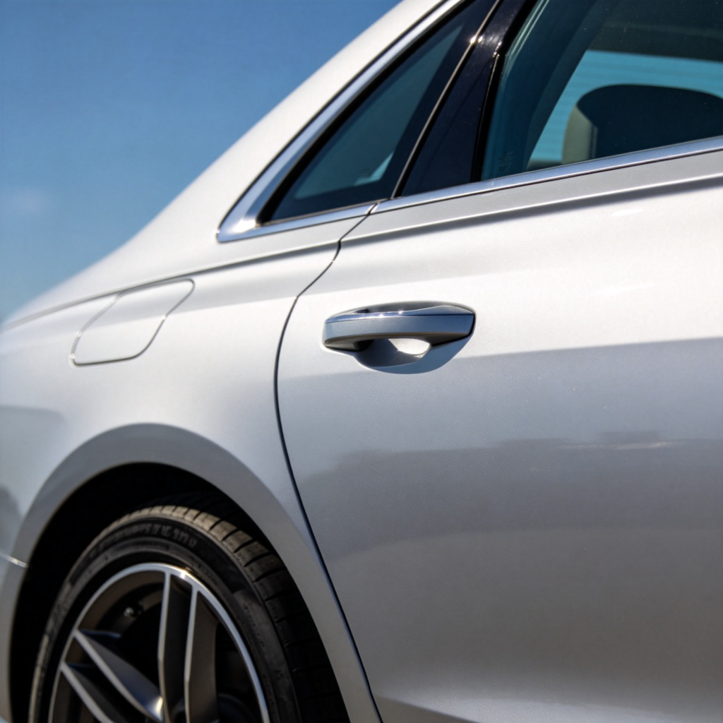 A close-up side view of a sleek, modern, silver car on a clear day. The image focuses sharply on the smooth, continuous metal surface of the car's main body (the doors and side panels), highlighting its shape and structure. The wheels and windows are partially visible but not the focus. No text or people.