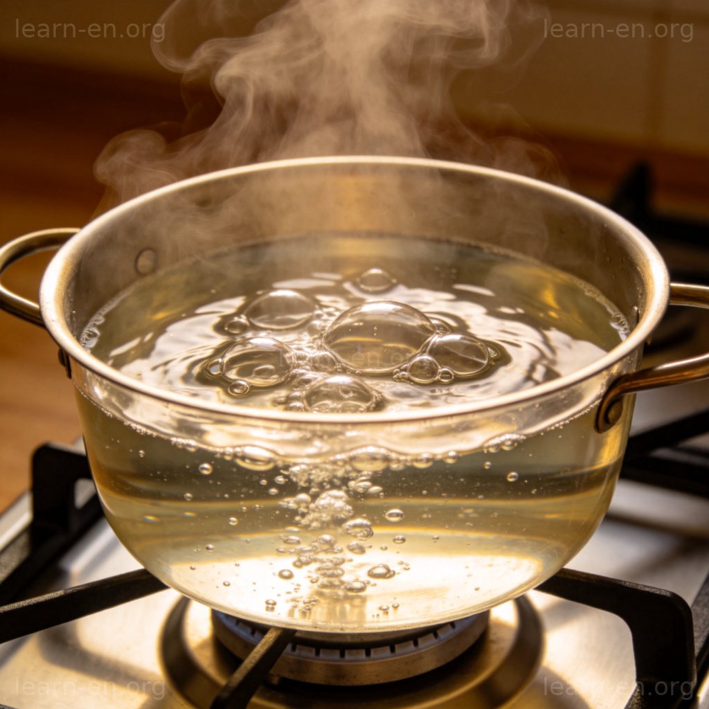 Boiling water in a pot with bubbles and steam