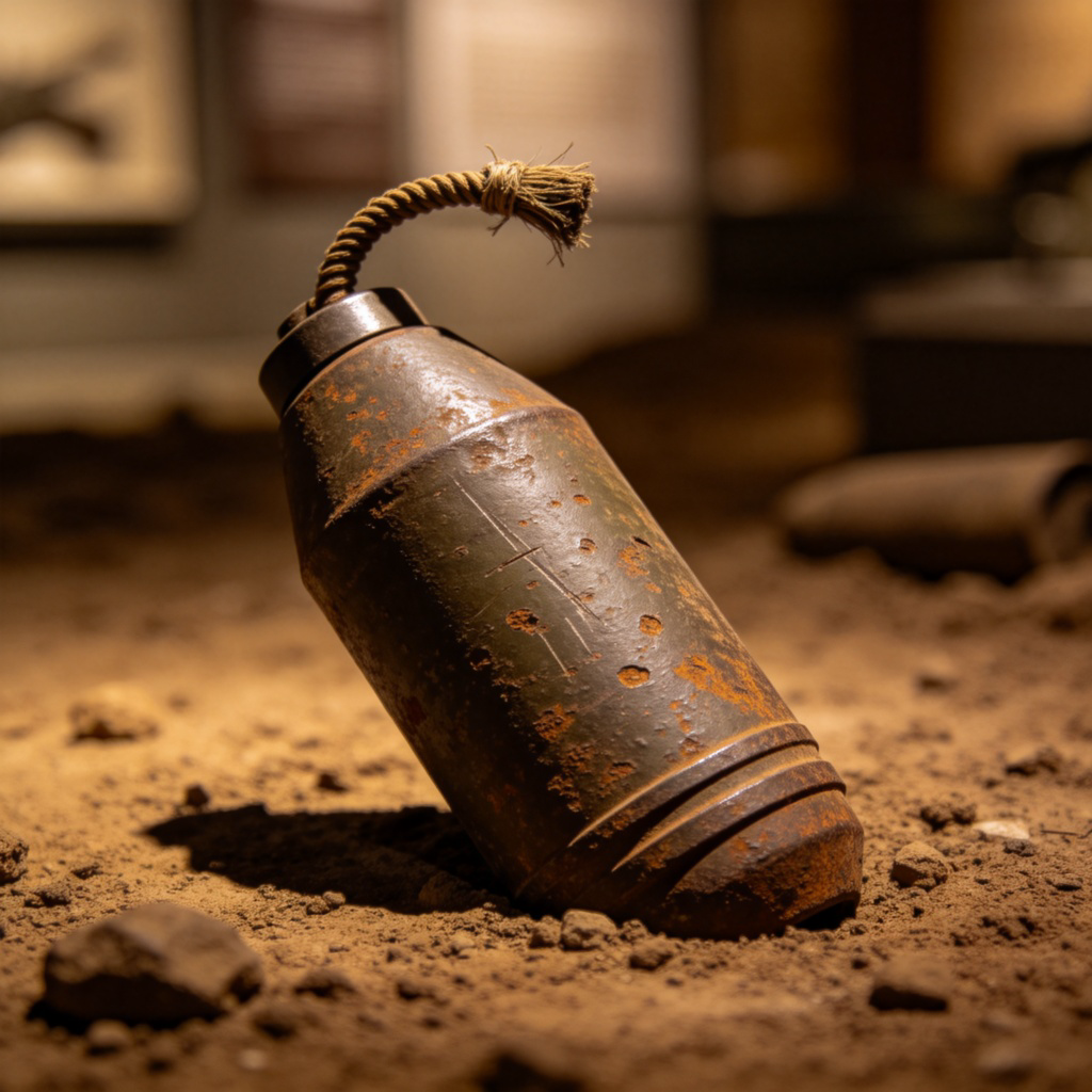 A close-up of an old, rusty, cylindrical bomb with a clear fuse on top, placed on a dirt ground in a history museum exhibit. The lighting is dramatic but clear, focusing on the object's metallic texture and danger. No people in the shot, and no text.
