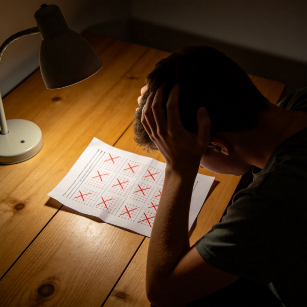 A disappointed student looking at a test paper covered in red crosses, head in hands. The paper is on a wooden desk with a single lamp providing light. The mood is gloomy, clearly showing a failed outcome. No text on the paper.