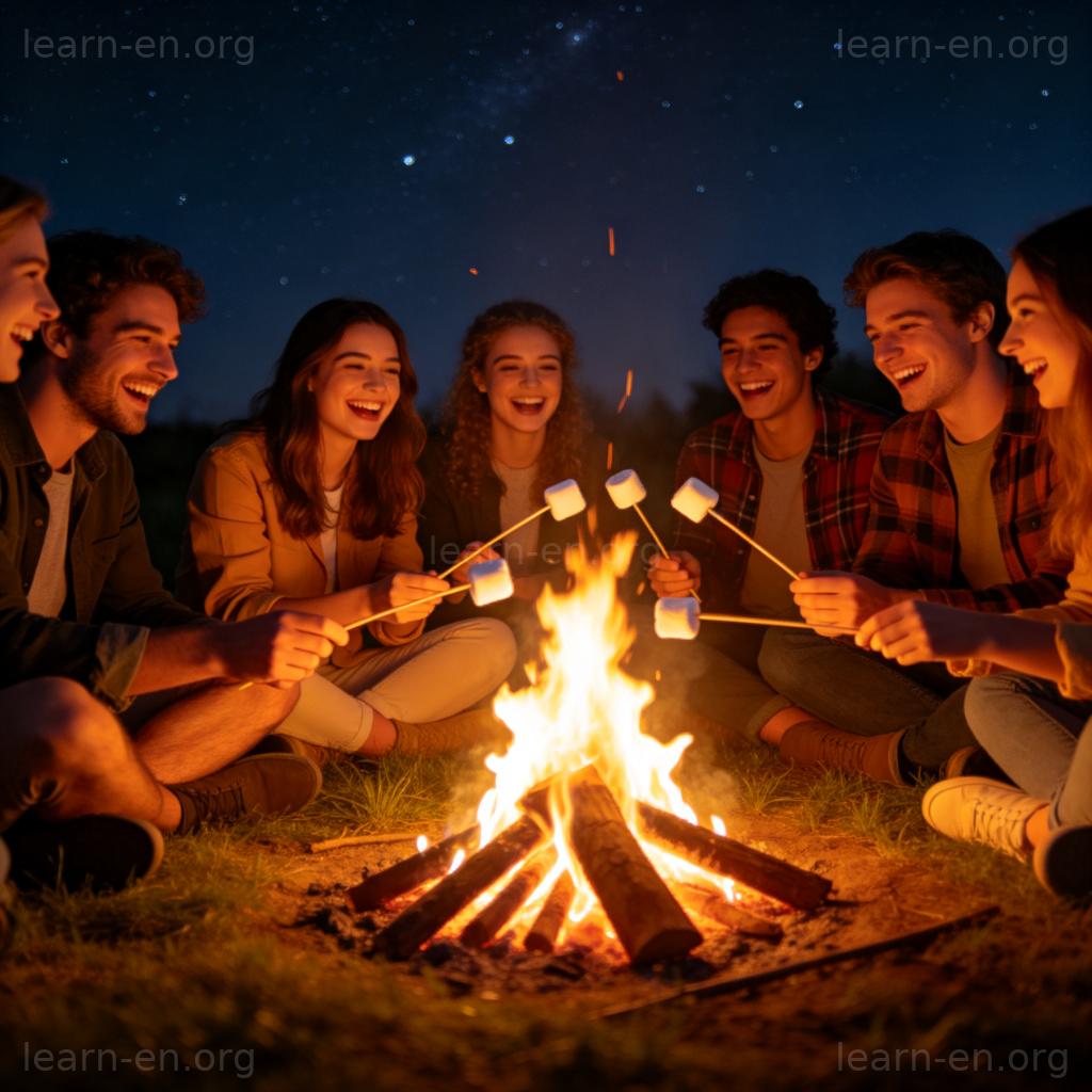 Bonfire Party 篝火派对场景图解：夜晚众人围坐欢笑烤棉花糖