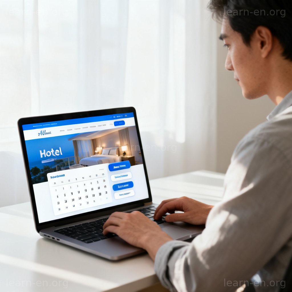 Person booking a hotel room on a laptop with calendar dates