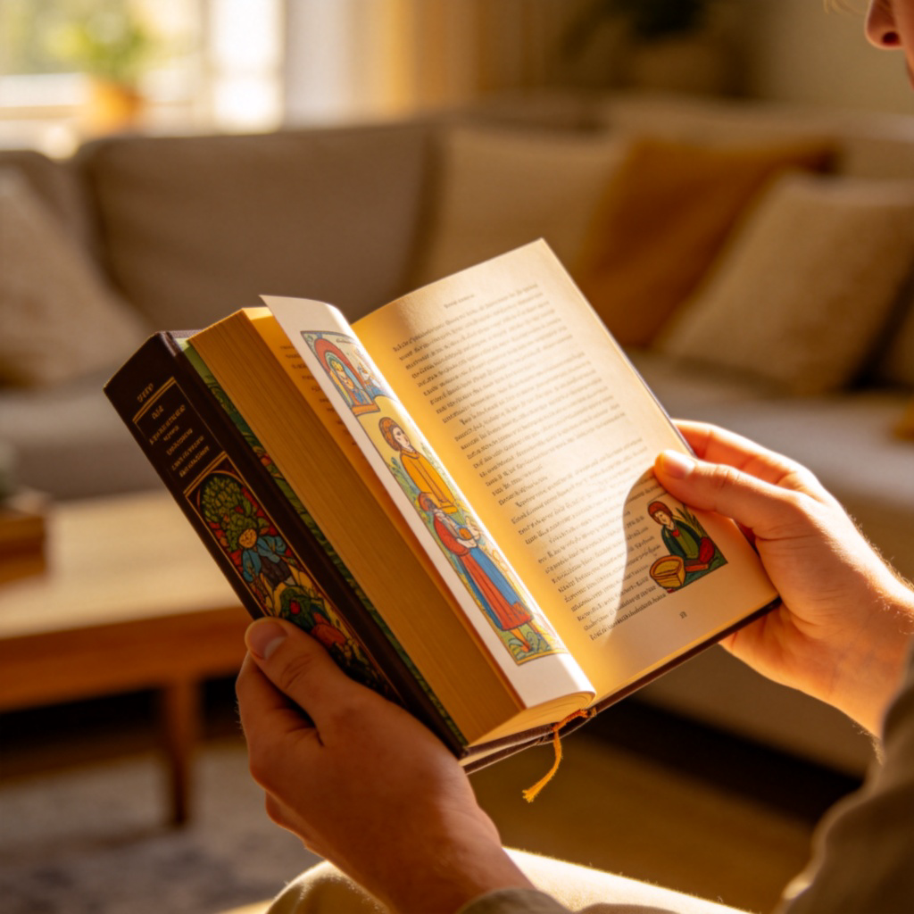 A close-up photo of a person's hands holding an open hardcover book with colorful illustrations and text visible on the pages. The background is a cozy living room with a sofa and soft natural light from a window. The book is the main focus, showing details like the spine and cover. No text or logos in the image.