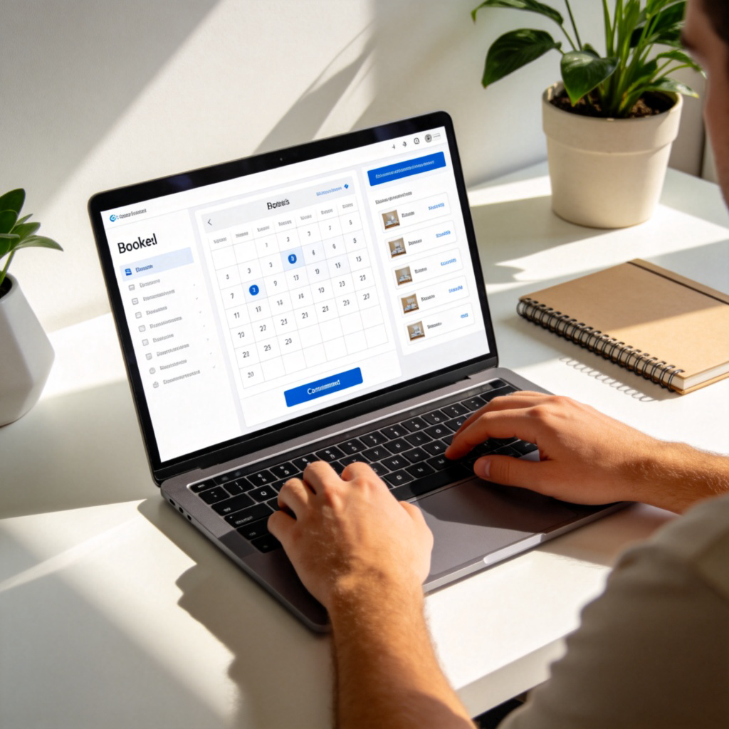 A person sitting at a modern desk, using a laptop to book a hotel room online. The screen shows a clear booking interface with a calendar, room options, and a confirmation button. The setting is a bright home office with a plant and notebook nearby. Focus is on the action of booking, with no text or logos visible.