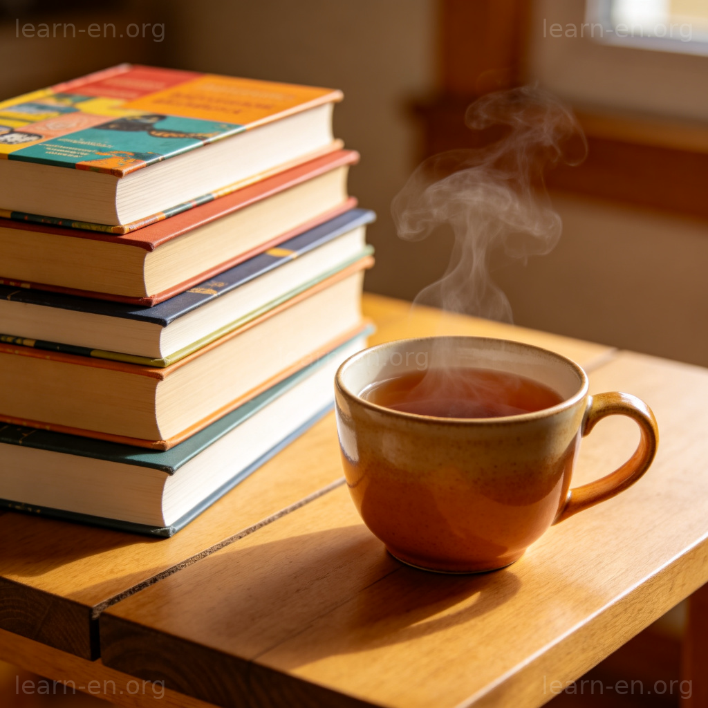 books 书籍含义图解：木桌上堆叠的彩色书籍与茶杯