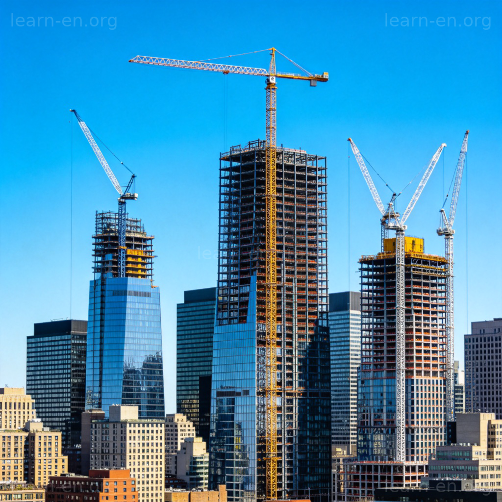 boom 繁荣含义图解：城市天际线中繁忙建设的起重机