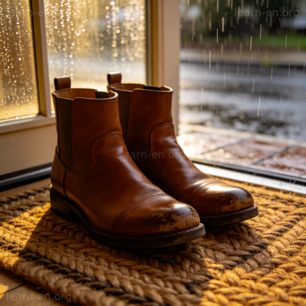 Boots 图解：一双棕色皮靴在门垫上，背景是带雨滴的窗户