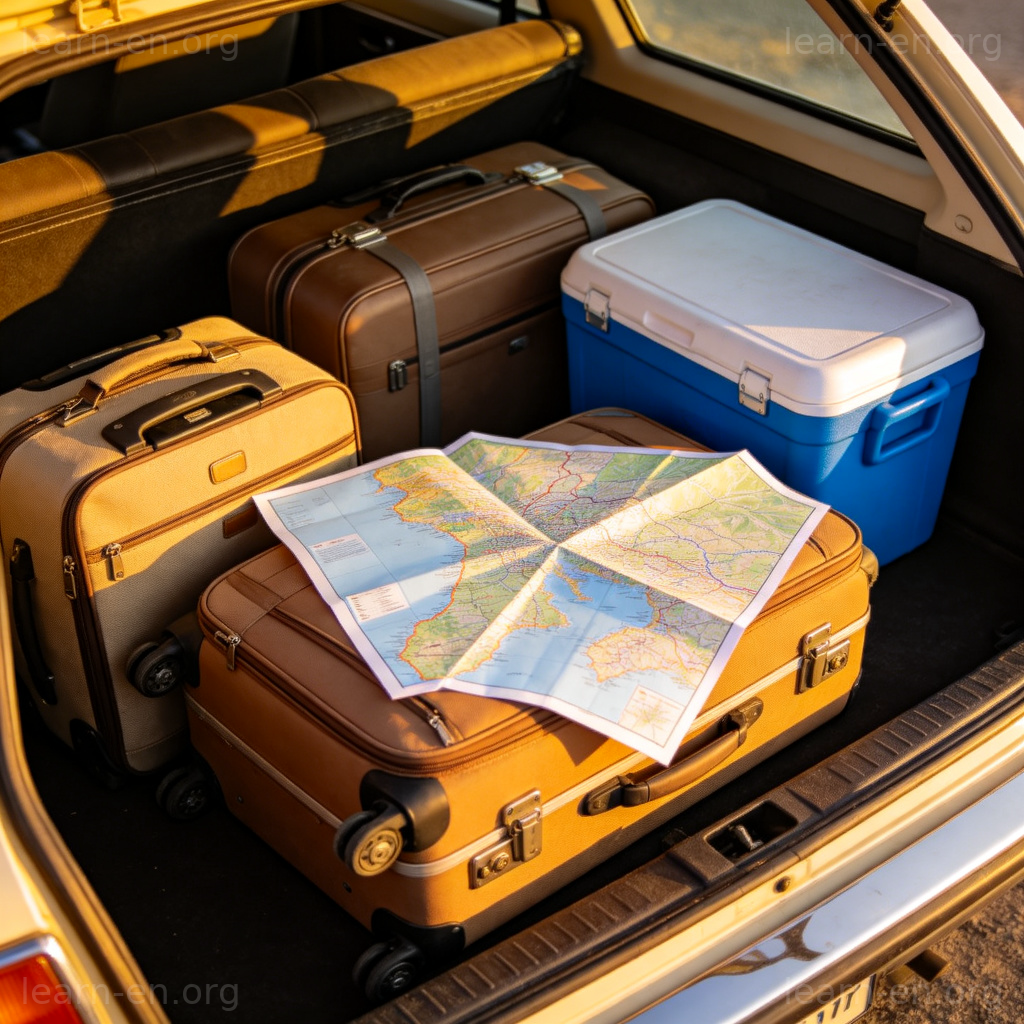 Boots 图解：打开的汽车后备箱，内装行李、冷藏箱和折叠地图