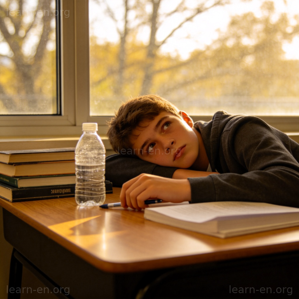 bored 含义图解：少年无聊地趴在桌上，眼神空洞望向窗外