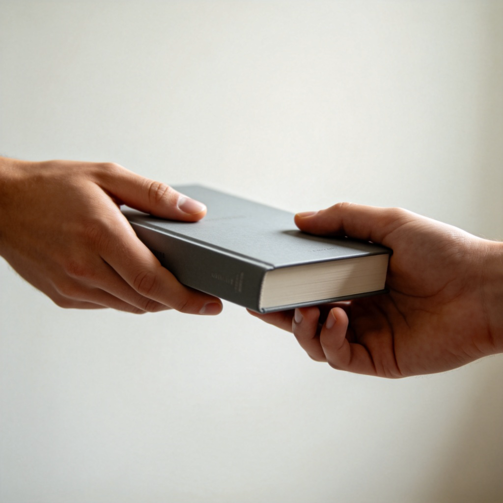 borrow 借东西图解：一只手将书递给另一只手的友好交换场景