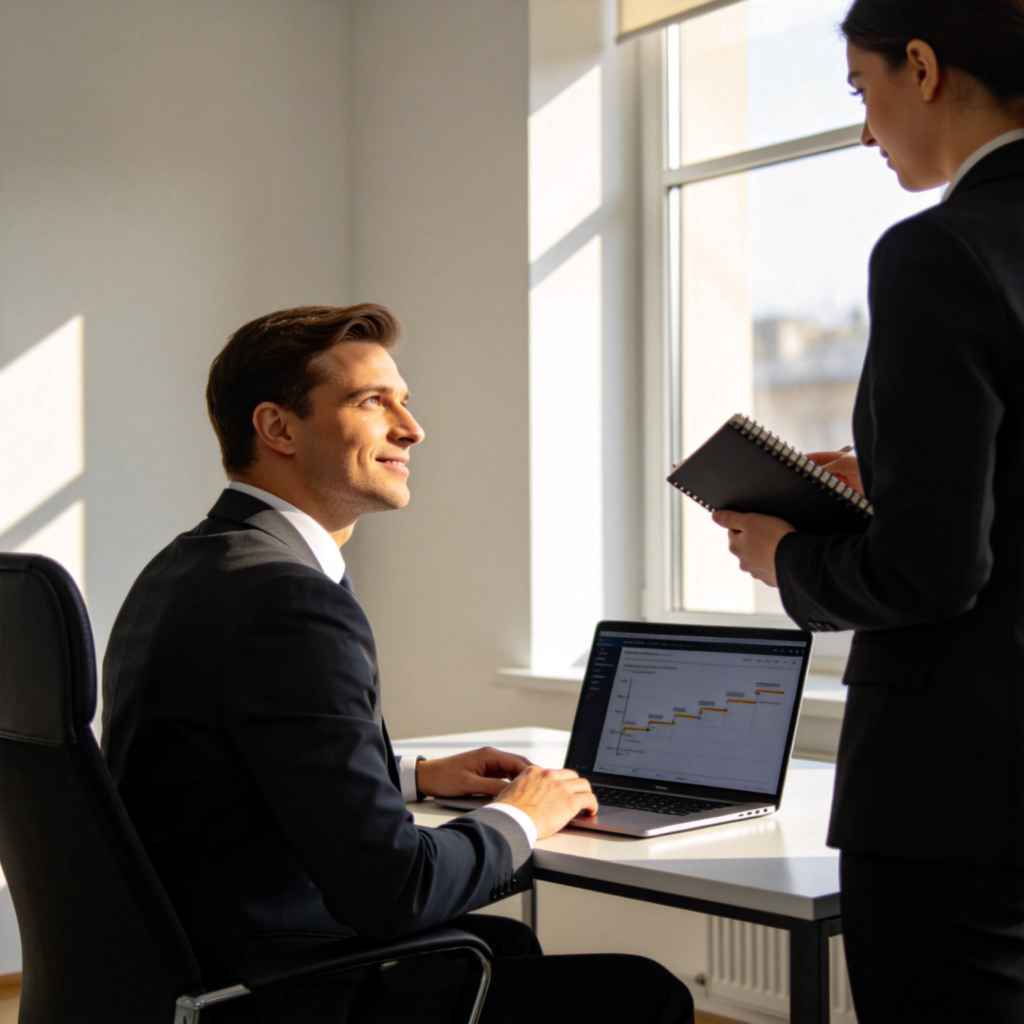 A person in smart business attire sits at a modern office desk, looking at a laptop screen showing a project timeline. Another person stands nearby, holding a notebook, as if receiving instructions. Sunlight streams through a window, highlighting the boss's confident expression. The scene is clean, realistic, and focused on the interaction. No text or logos are visible.