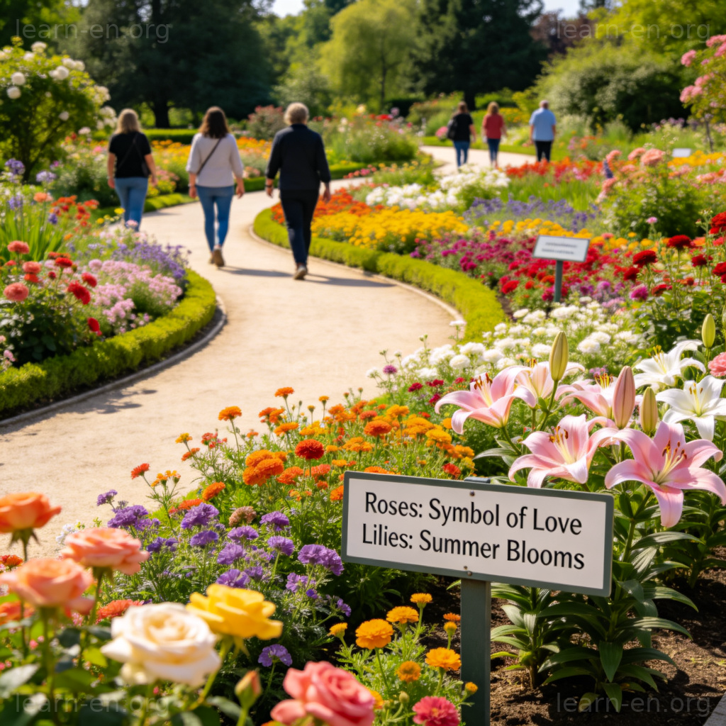 Botanical garden avec parterres fleuris et panneaux éducatifs