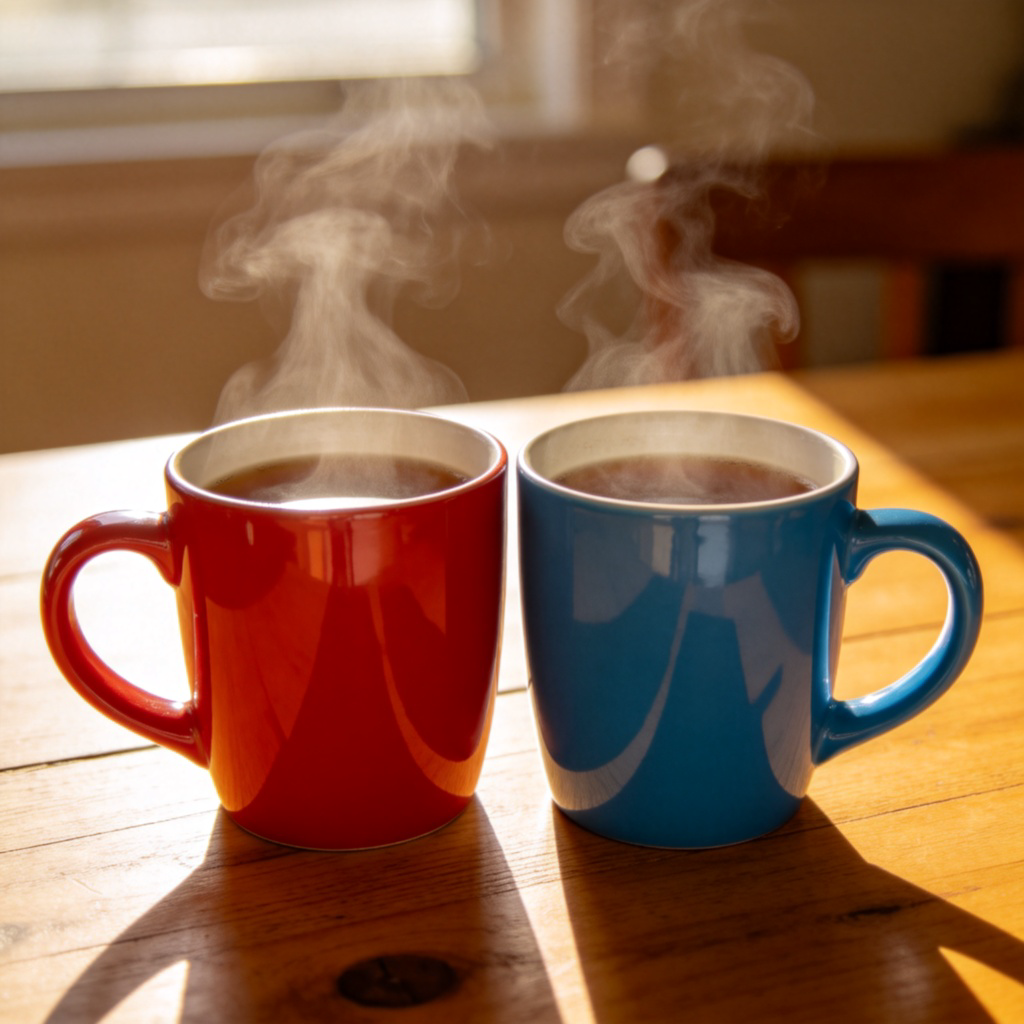 Two matching coffee mugs of different colors, one red and one blue, sit side by side on a wooden table, both filled with steaming hot tea or coffee. The scene is warm and inviting, with soft morning light. Focus is on the two mugs equally, symbolizing 'both'.