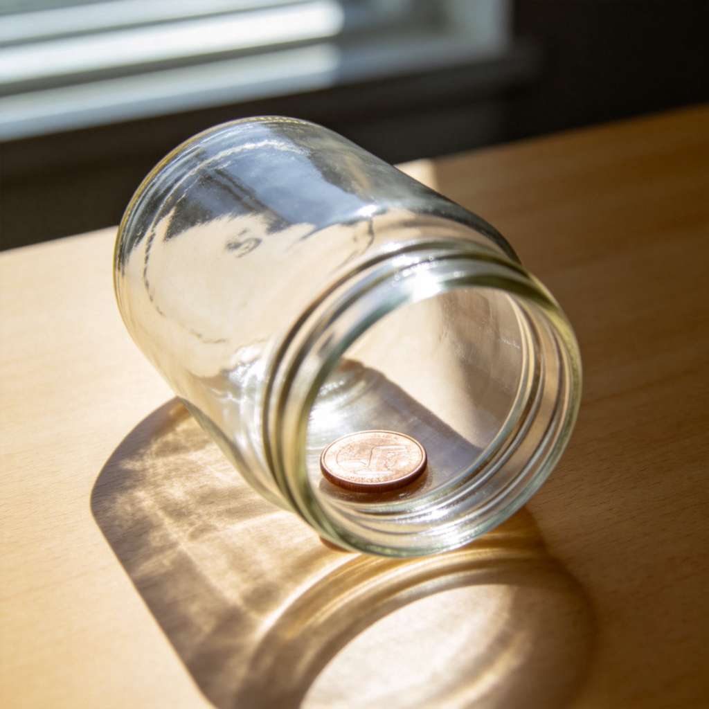 A clear glass jar lying on its side on a plain wooden table. A single coin is visible resting at the lowest point inside the jar. Bright, natural light from a window highlights the glass and the coin. Sharp focus. No text or logos.