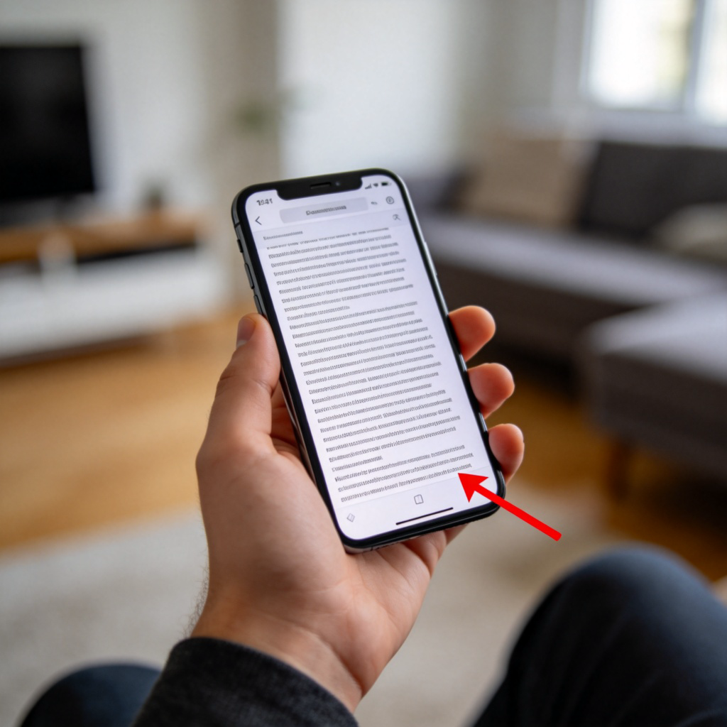 A person's hand holding a smartphone. On the screen is a long webpage with text. A red arrow points to the very last line of text at the end of the page. The background is a blurred living room. No text or logos on the screen.