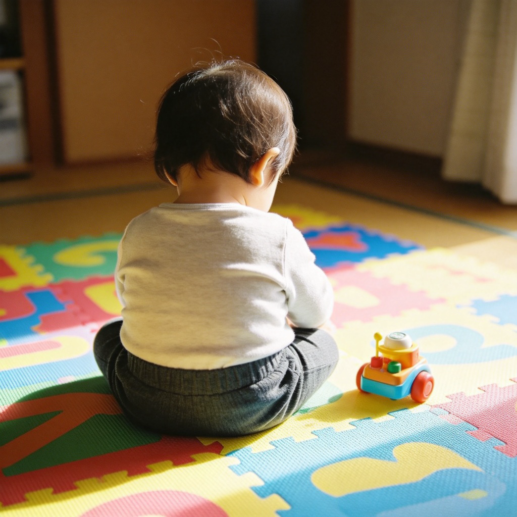A child, viewed from the back, sitting on a colorful play mat indoors. Focus is on the child's clothed lower body and the act of sitting. Warm, soft lighting. A simple toy is nearby. No text, no logos.