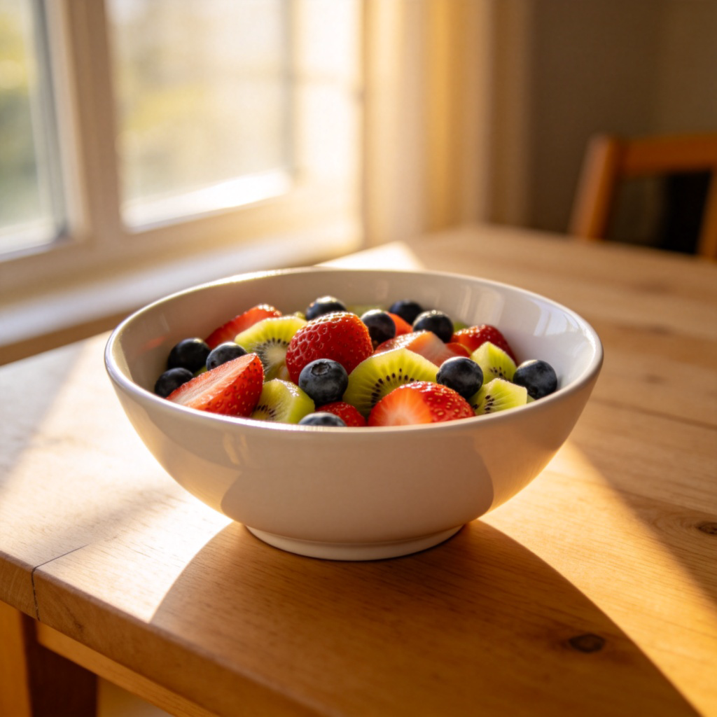 A simple, white ceramic bowl filled with colorful fruit salad (strawberries, blueberries, kiwi) on a wooden table. Natural morning light from a window, focus on the bowl and its contents. No text or logos.