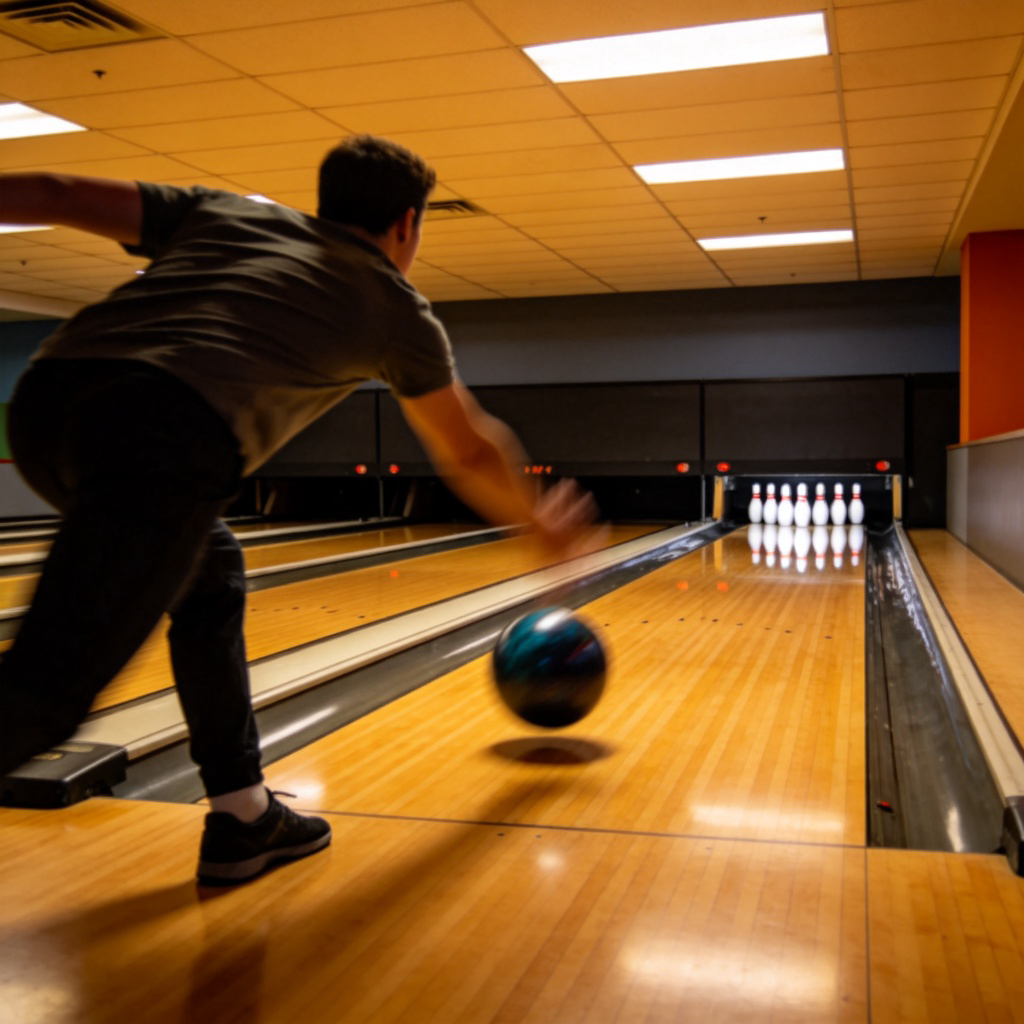 A person in a bowling alley, in the middle of releasing a heavy bowling ball down a polished wooden lane towards ten white pins at the end. The focus is on the dynamic arm movement and the ball's trajectory. No text.
